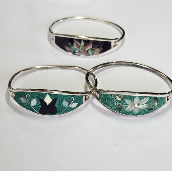 Vintage 3 Crushed Turquoise & Abalone Alpaca Silver Bracelets! - Picture 2 of 10